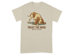 Bracco Italiano dog with "TRUST THE NOSE" text on beige t-shirt.