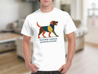 White t-shirt with a geometric dog design and the text "feral little creature, perfectly formed".