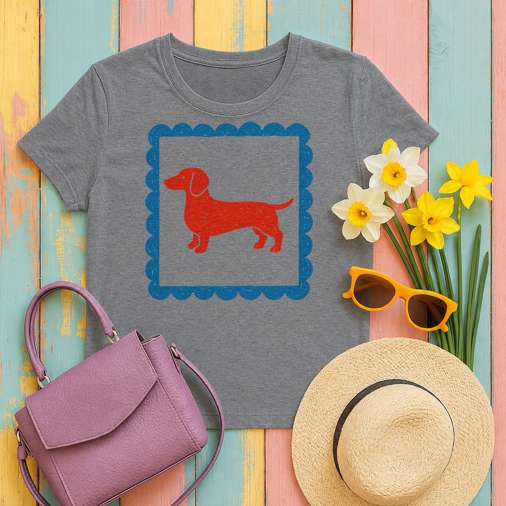 Cute Dachshund Blue Bordered Frame Detailed T-Shirt in Graphite Heather