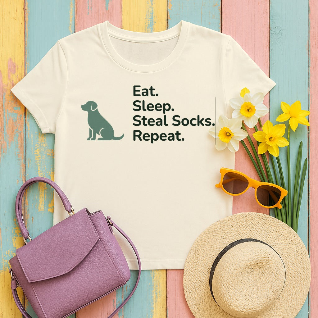 Eat Sleep Steal Socks Dog Lover T-Shirt in Natural