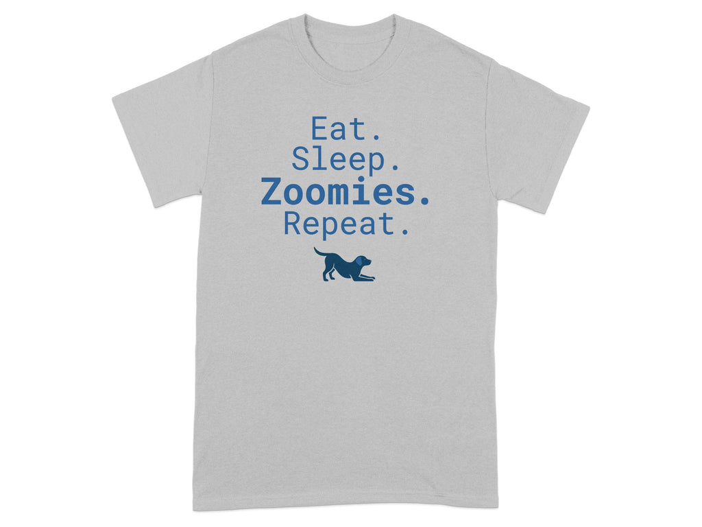Gray t-shirt with "Eat. Sleep. Zoomies. Repeat." and a dog silhouette.
