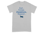 Gray t-shirt with "Eat. Sleep. Zoomies. Repeat." and a dog silhouette.