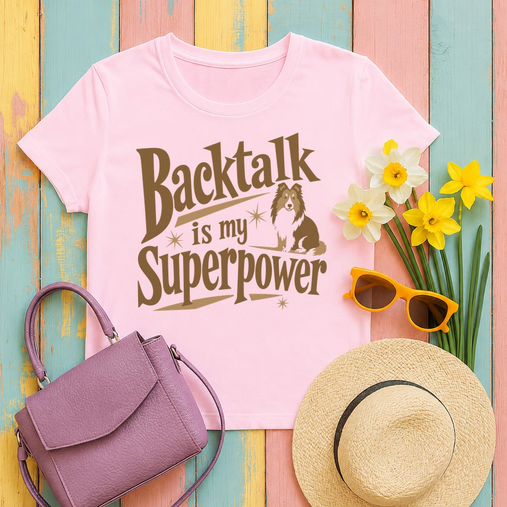 The Backtalk Sheltie Superpower Sheltie T-Shirt in Light Pink