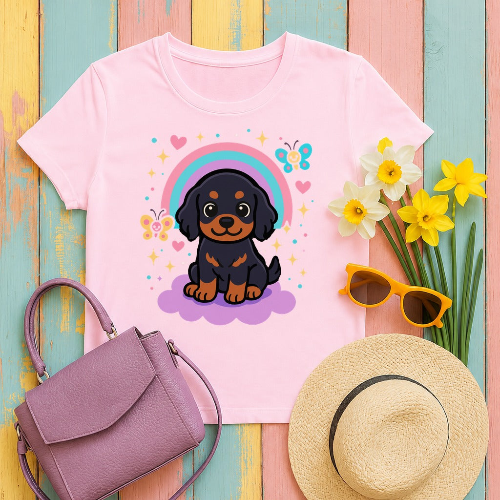 Cute Puppy Gordon Setter On Cloud Under Rainbows Stars and Hearts T-Shirt in Light Pink