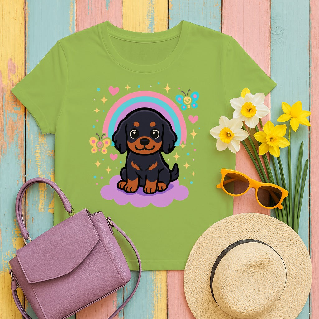 Cute Puppy Gordon Setter On Cloud Under Rainbows Stars and Hearts T-Shirt in Kiwi