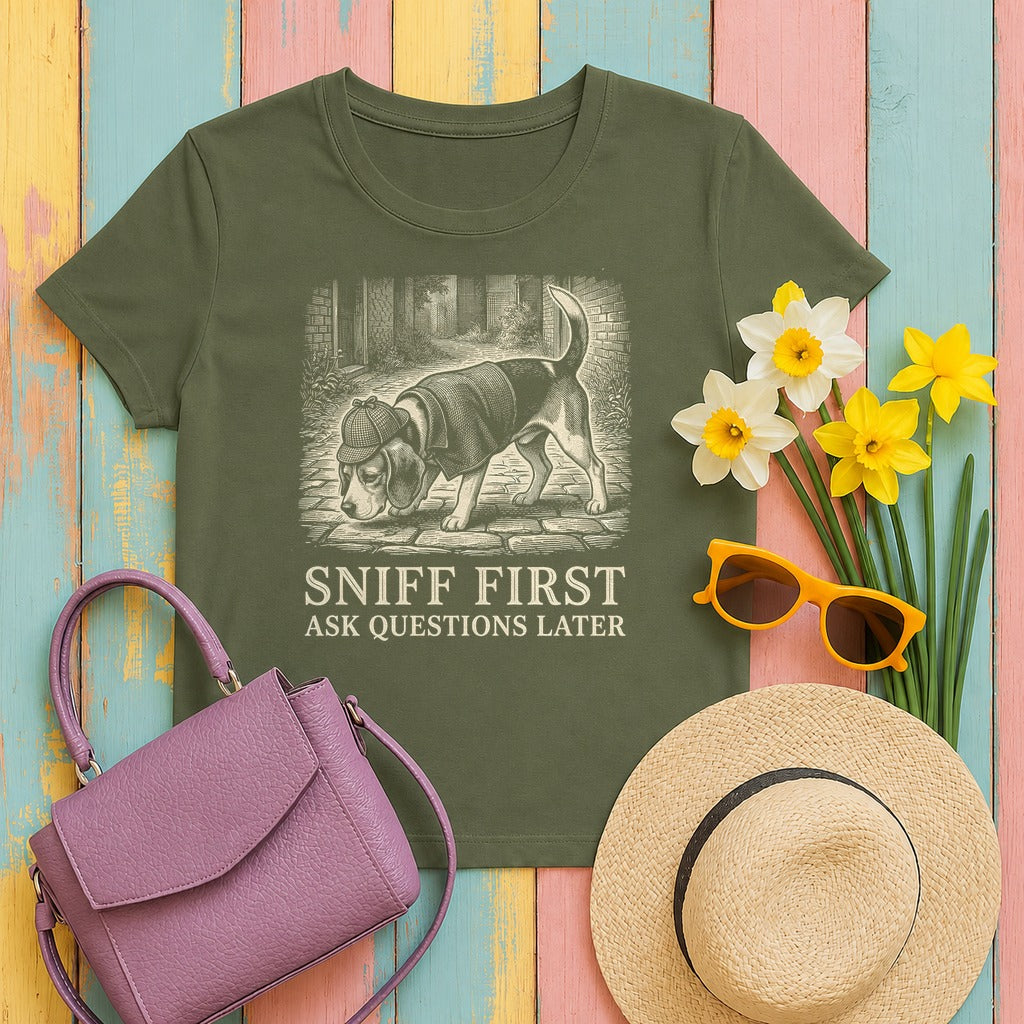Whimsical Beagle Sleuth T-Shirt in Military Green