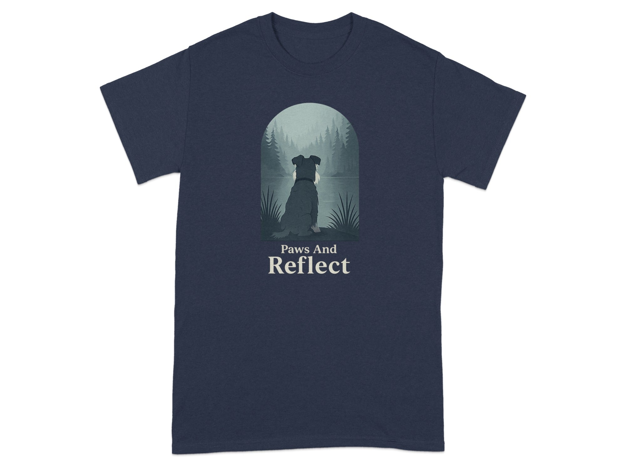 Dark t-shirt with "Paws And Reflect" text and dog by lake graphic.