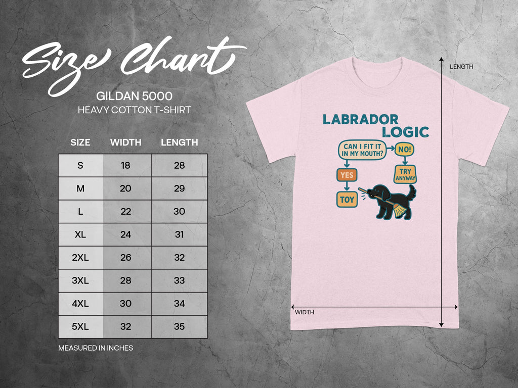 Gildan 5000 t-shirt size chart with Labrador Logic graphic.