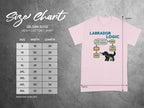 Gildan 5000 t-shirt size chart with Labrador Logic graphic.