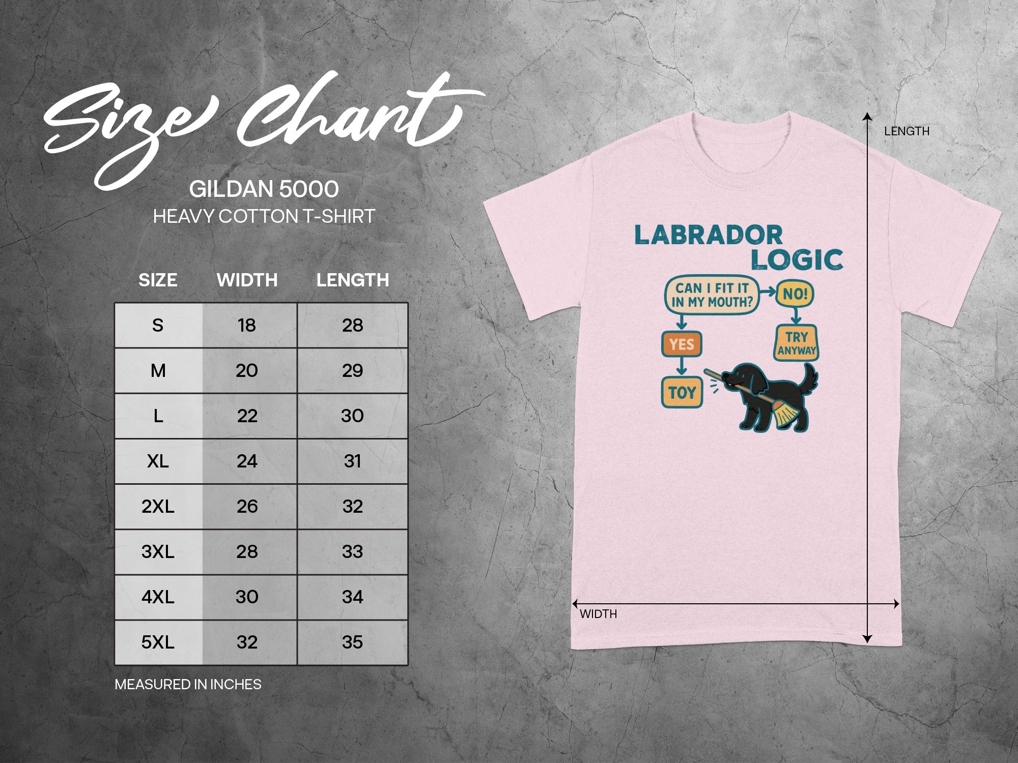Gildan 5000 t-shirt size chart with Labrador Logic graphic.