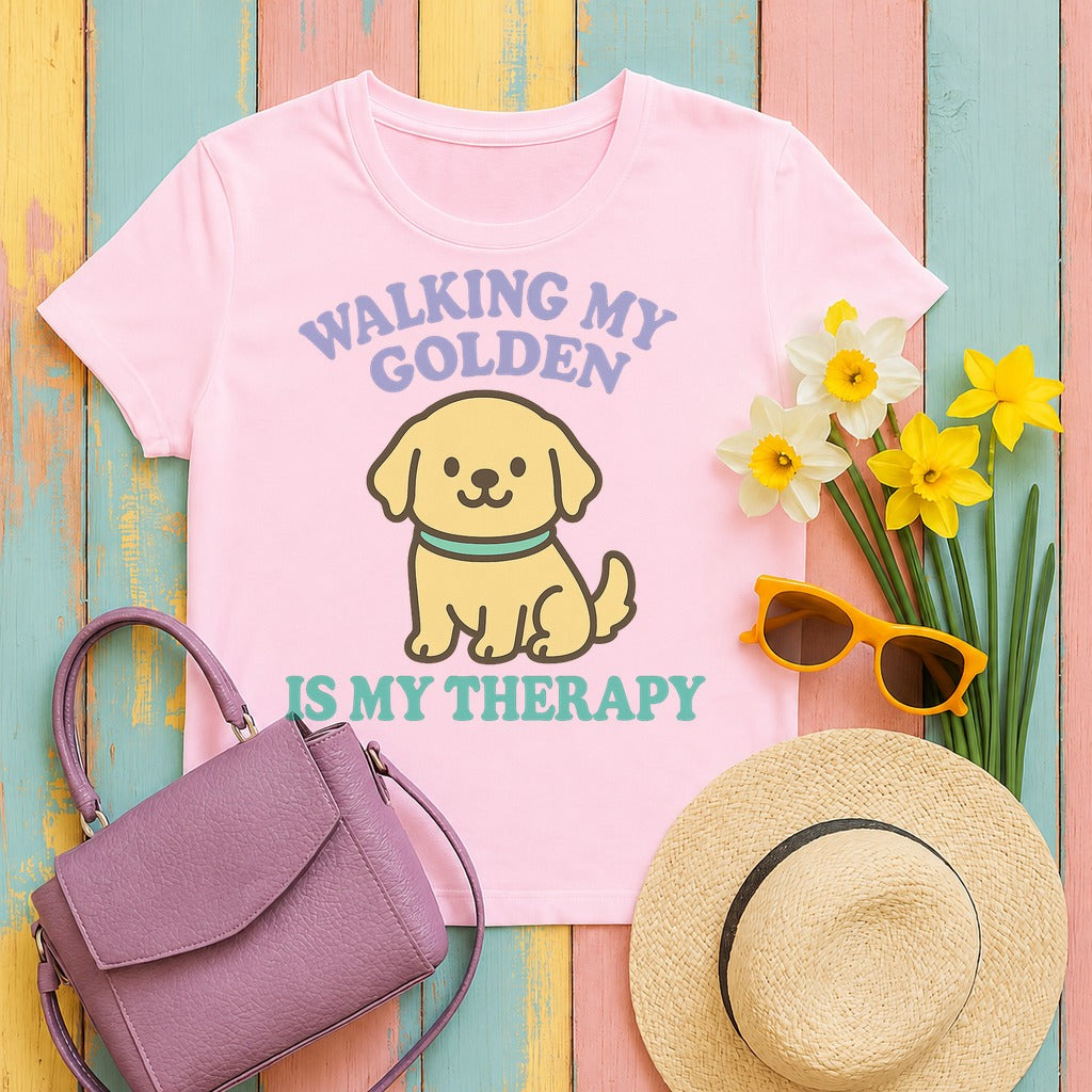 Walking My Golden Kawaii T-Shirt in Light Pink