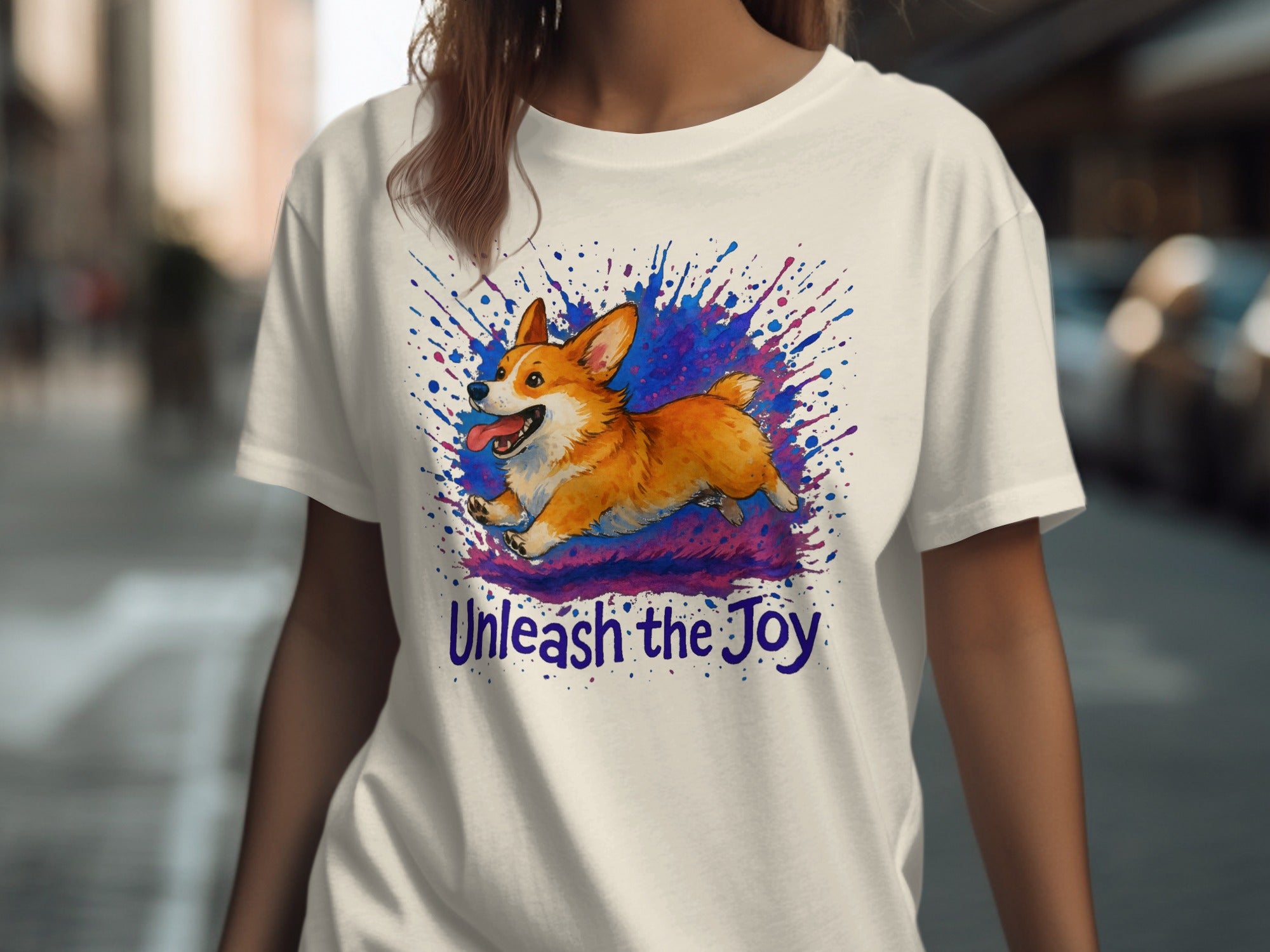 Cream t-shirt with a corgi running amidst colorful paint splatters and "Unleash the Joy" text.