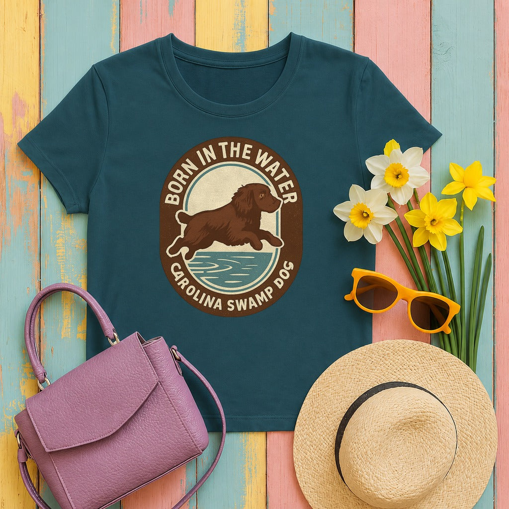 Boykin Spaniel Born in the Water T-shirt in Heather Deep Teal