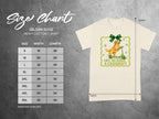 Gildan 5000 size chart and cream t-shirt with dog on scooter graphic.