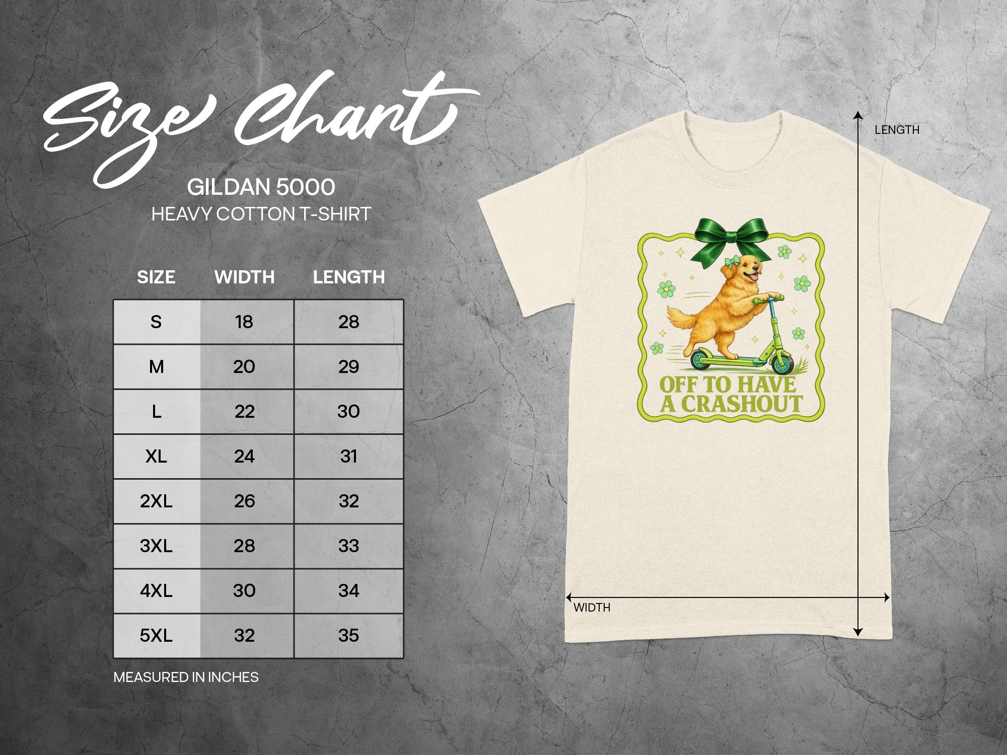 Gildan 5000 size chart and cream t-shirt with dog on scooter graphic.