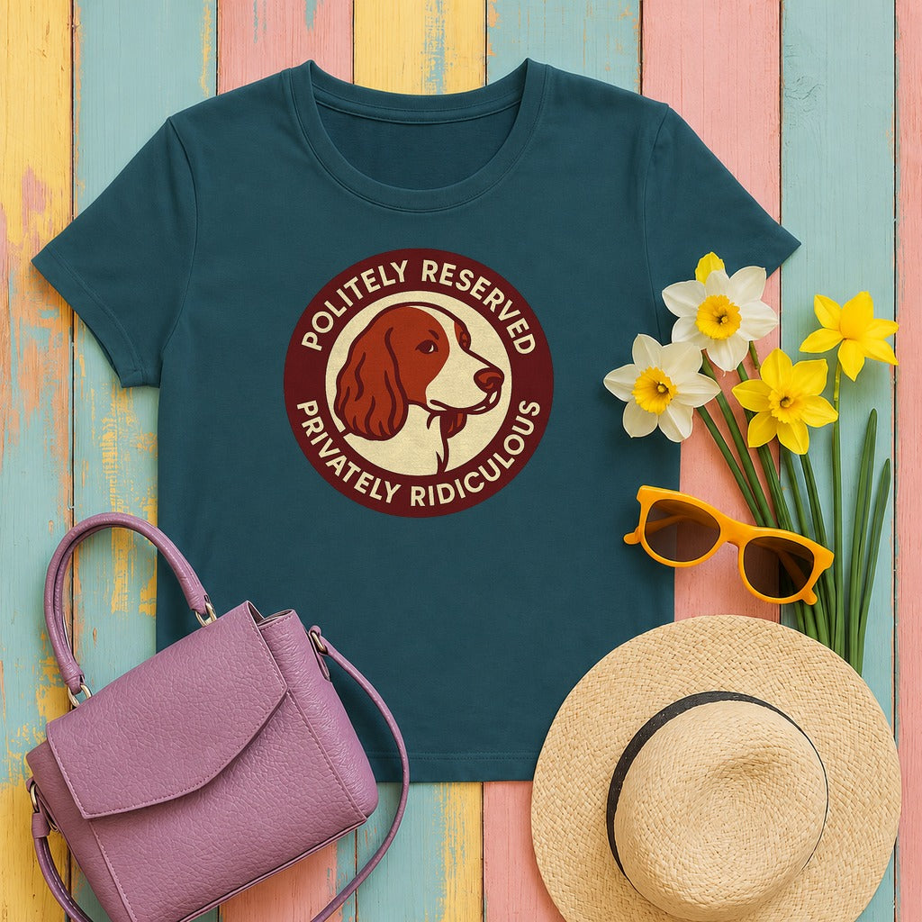 Welsh Springer Spaniel Politely Reserved Badge T-shirt in Heather Deep Teal