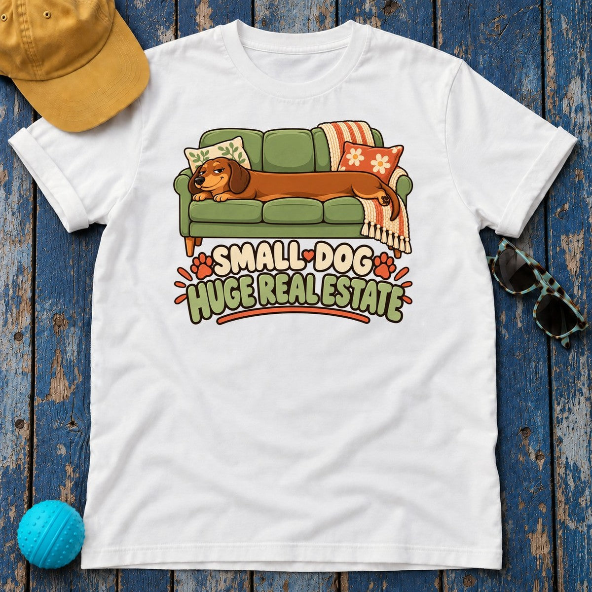 Small Dog Huge Real Estate Dachshund T-Shirt in White - flat lay