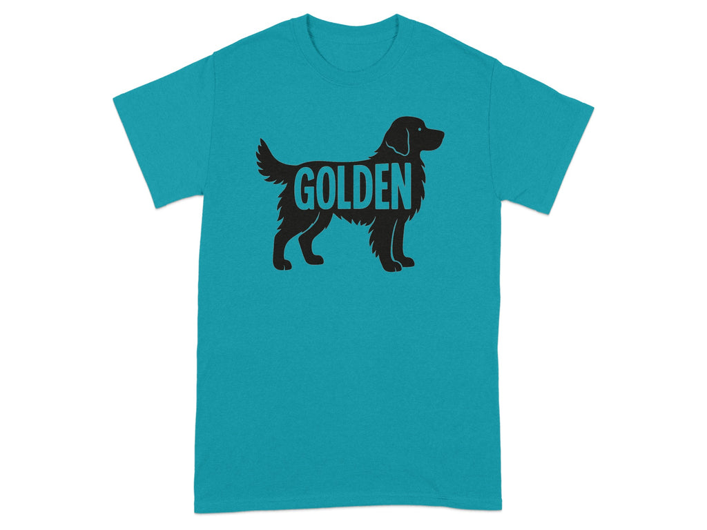 Turquoise t-shirt with a black silhouette of a Golden Retriever dog.