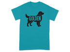 Turquoise t-shirt with a black silhouette of a Golden Retriever dog.