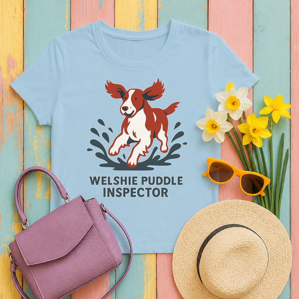 Welsh Springer Spaniel Puddle Inspector T-shirt in Light Blue
