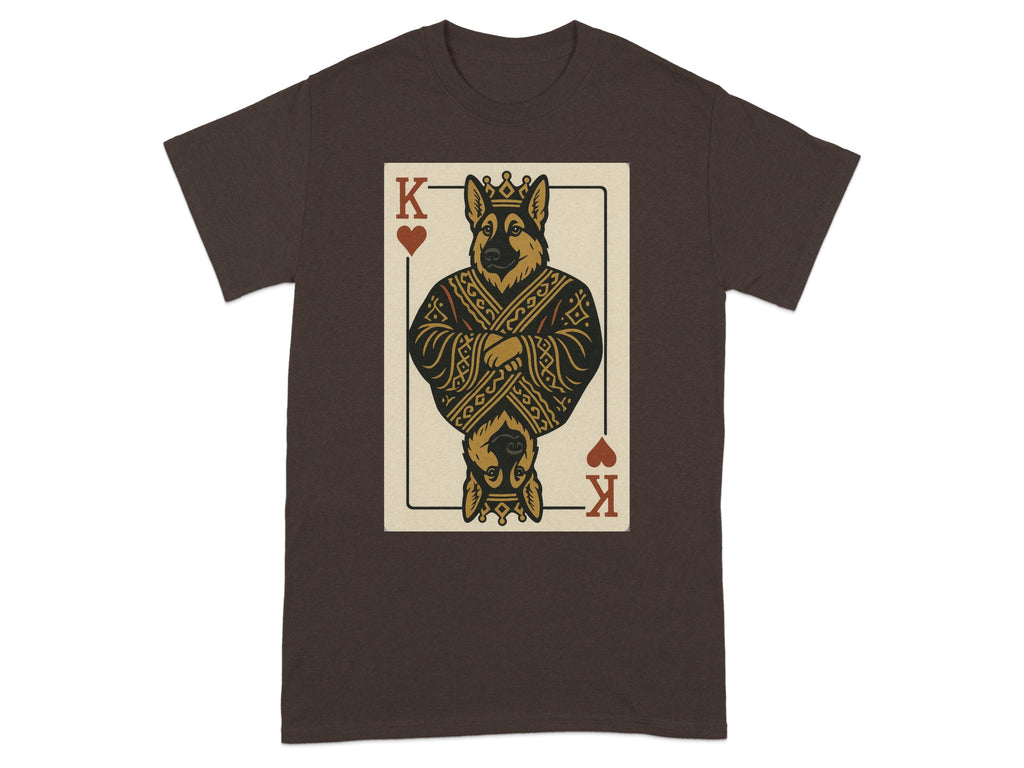 German Shepherd King playing card graphic on a brown t-shirt.