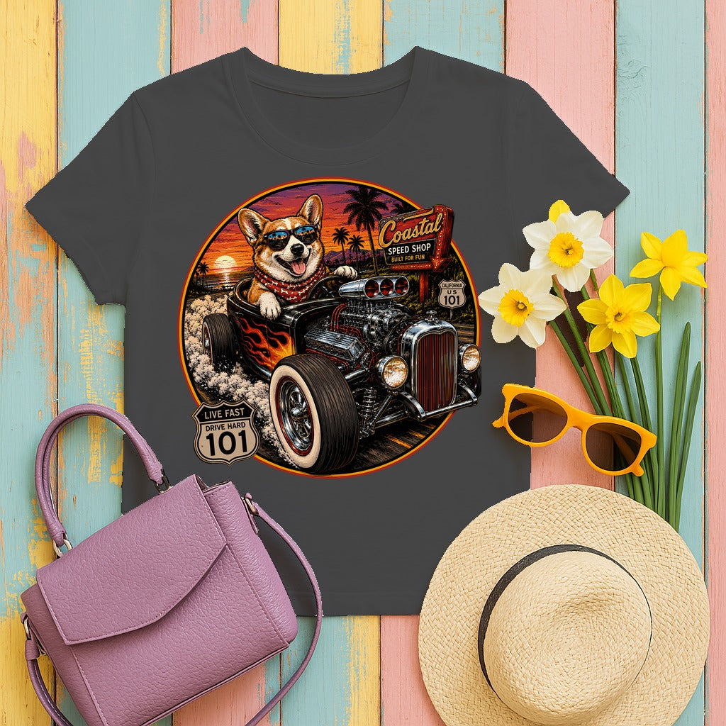 The Coastal Cruise Hot Rod Corgi T-Shirt in Dark Heather