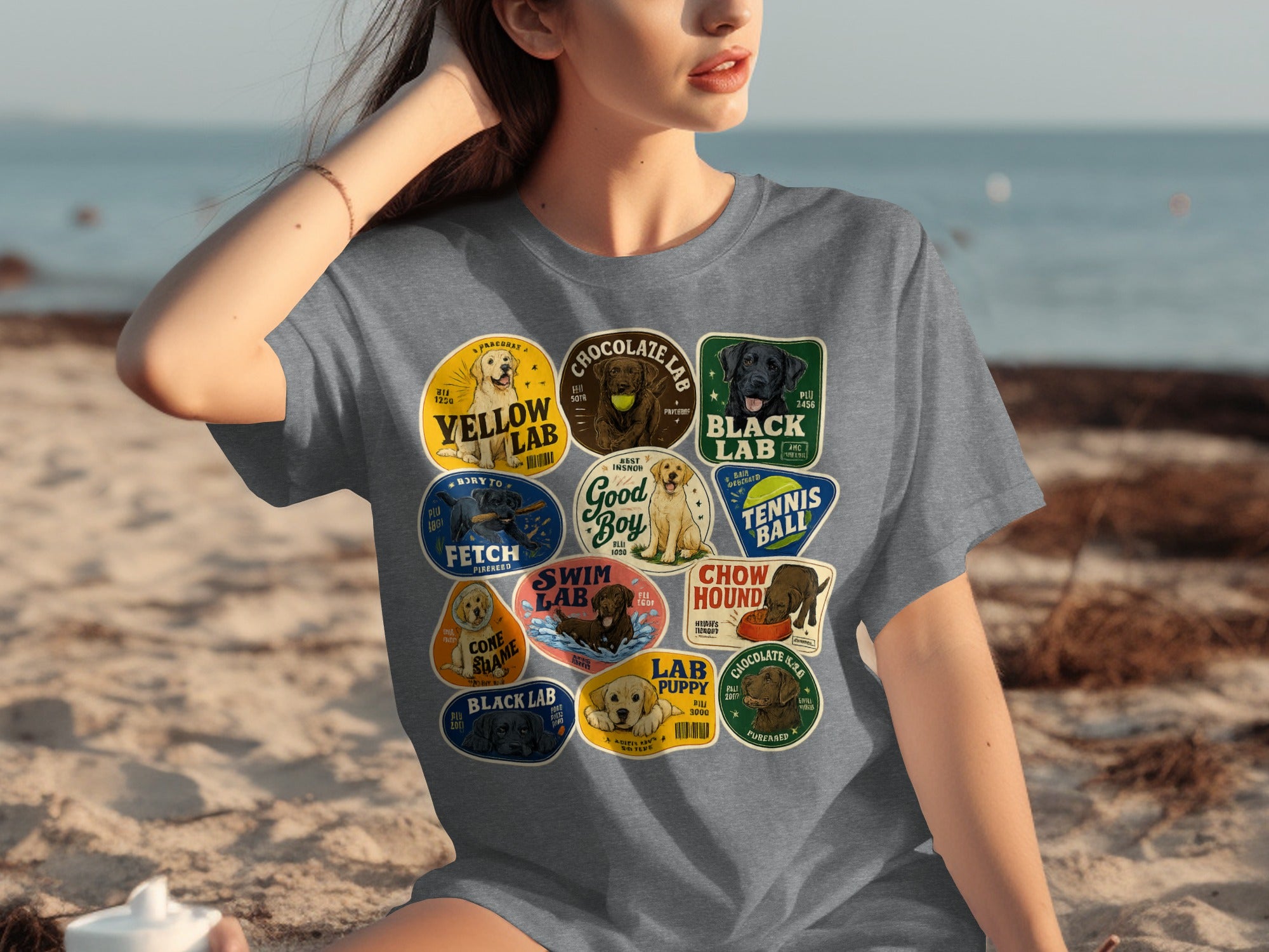 T-shirt with vintage-style circular dog breed graphics and text.