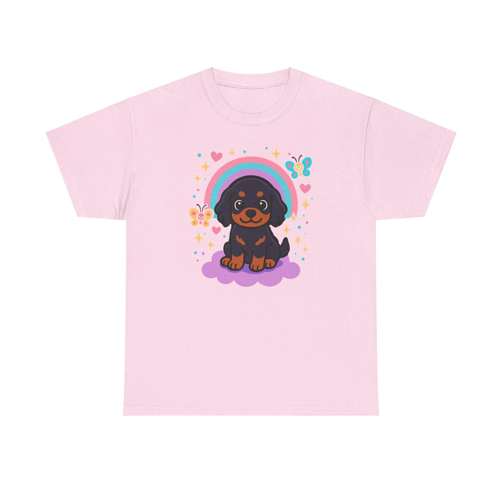 Cute Puppy Gordon Setter On Cloud Under Rainbows Stars and Hearts T-Shirt