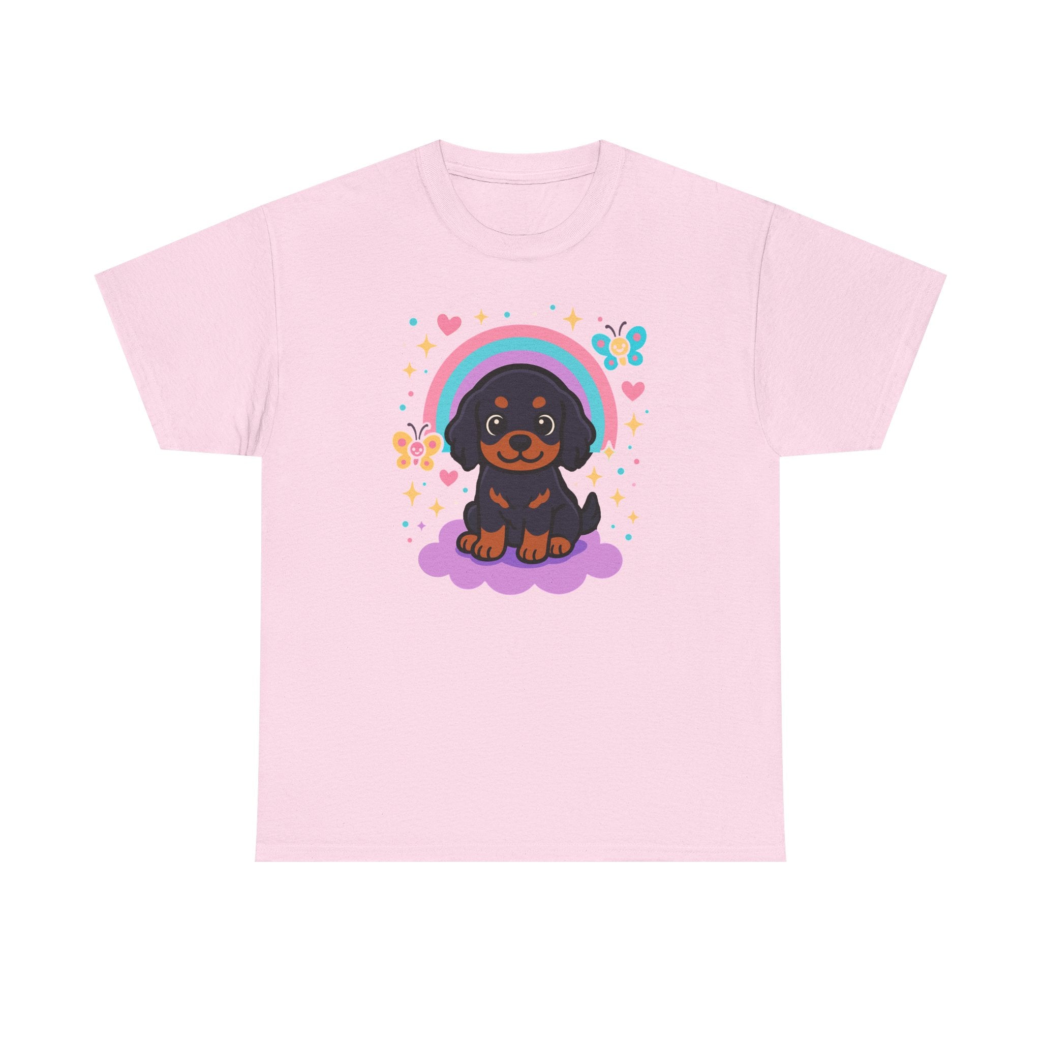 Cute Puppy Gordon Setter On Cloud Under Rainbows Stars and Hearts T-Shirt
