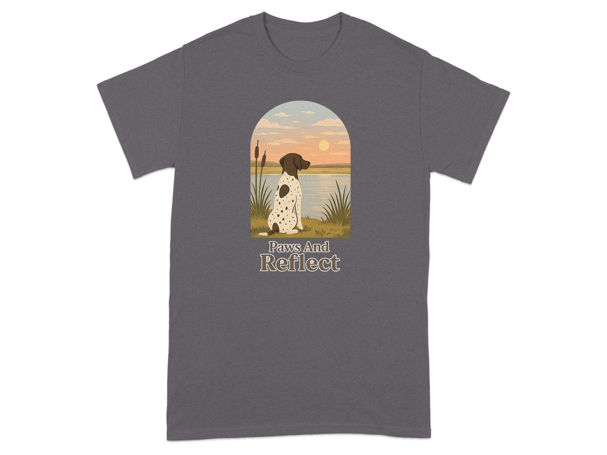Dalmatian dog sitting by water with sunset, text "Paws And Reflect".