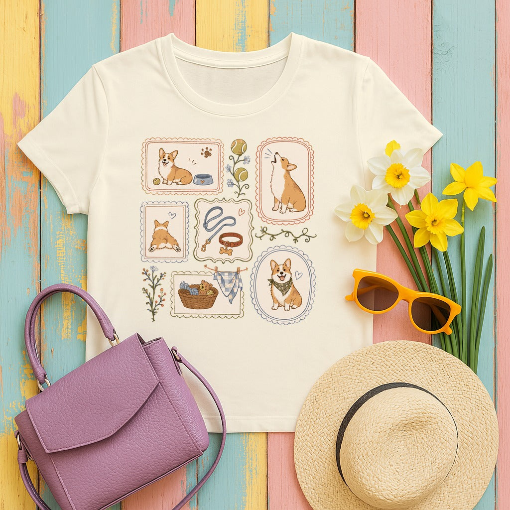Cozy Corgi Vignettes T-Shirt in Natural
