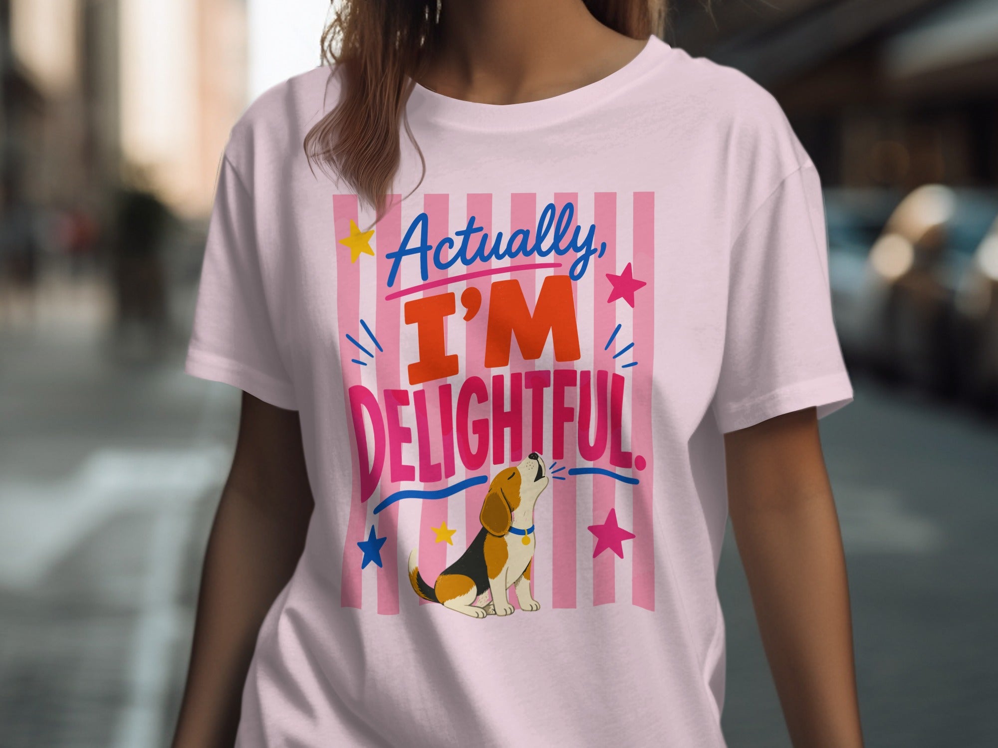 T-shirt with "Actually, I'M DELIGHTFUL" text and a dog.