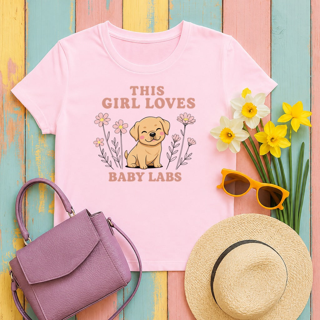 This Girl Loves Baby Labs Cute Puppy Dog Design T-Shirt in Light Pink