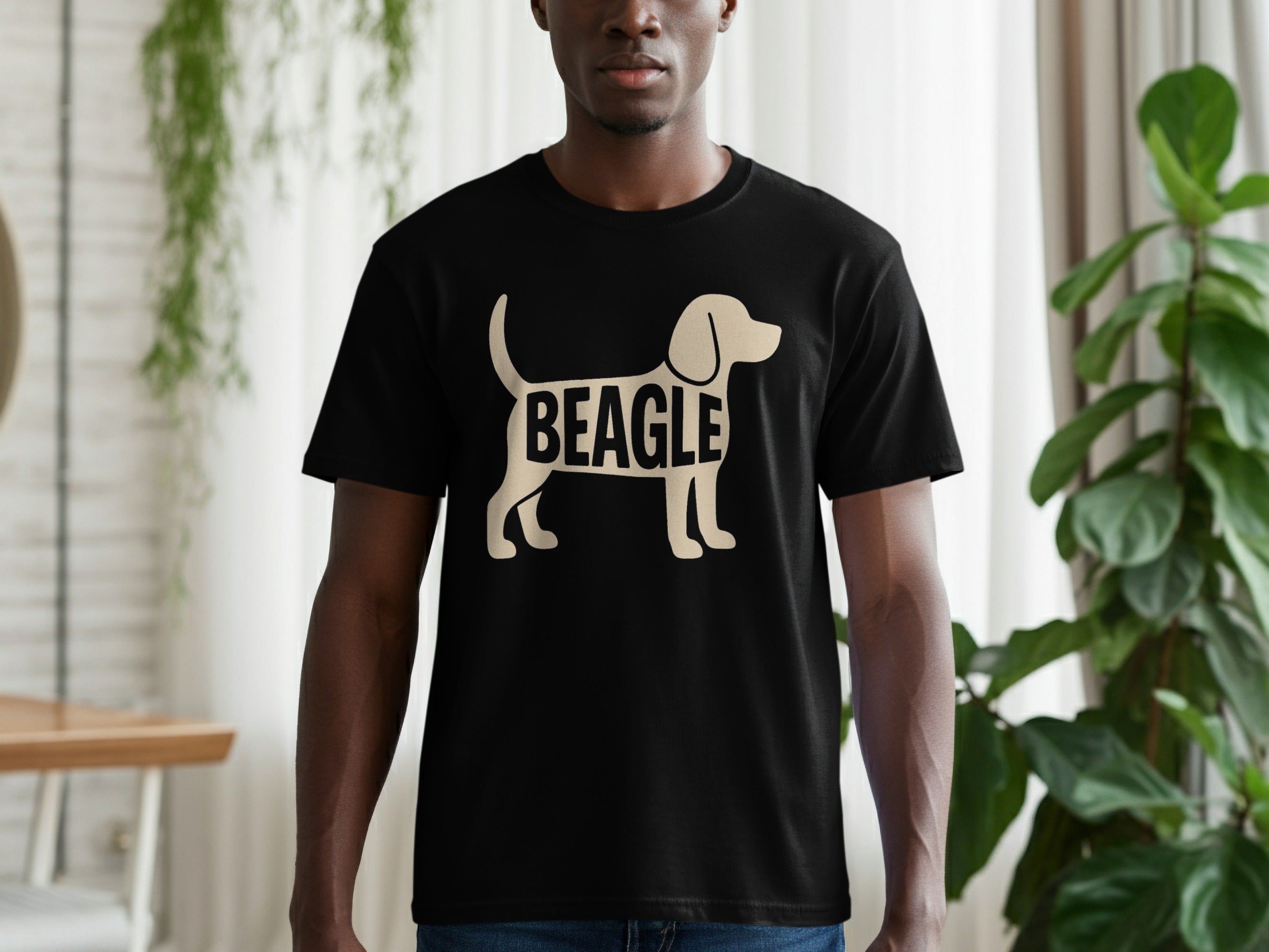 Black t-shirt with a light tan Beagle dog silhouette and text.
