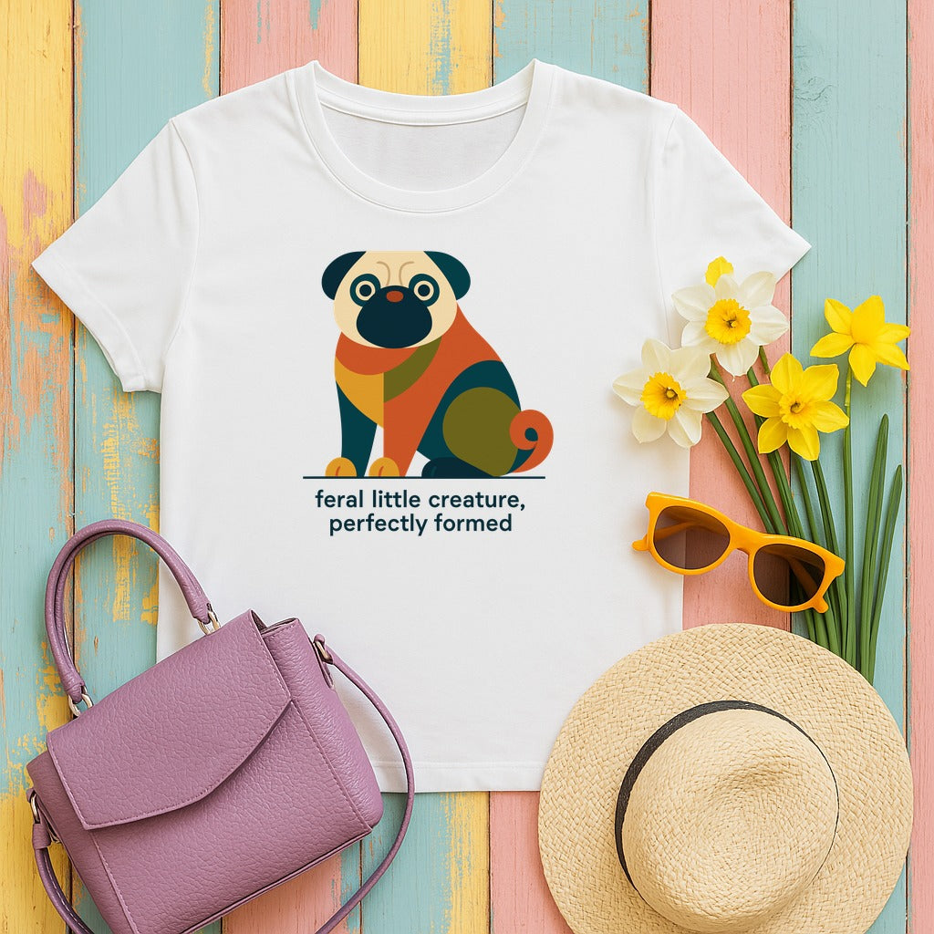 Feral Little Creature Pug Art T-Shirt in White