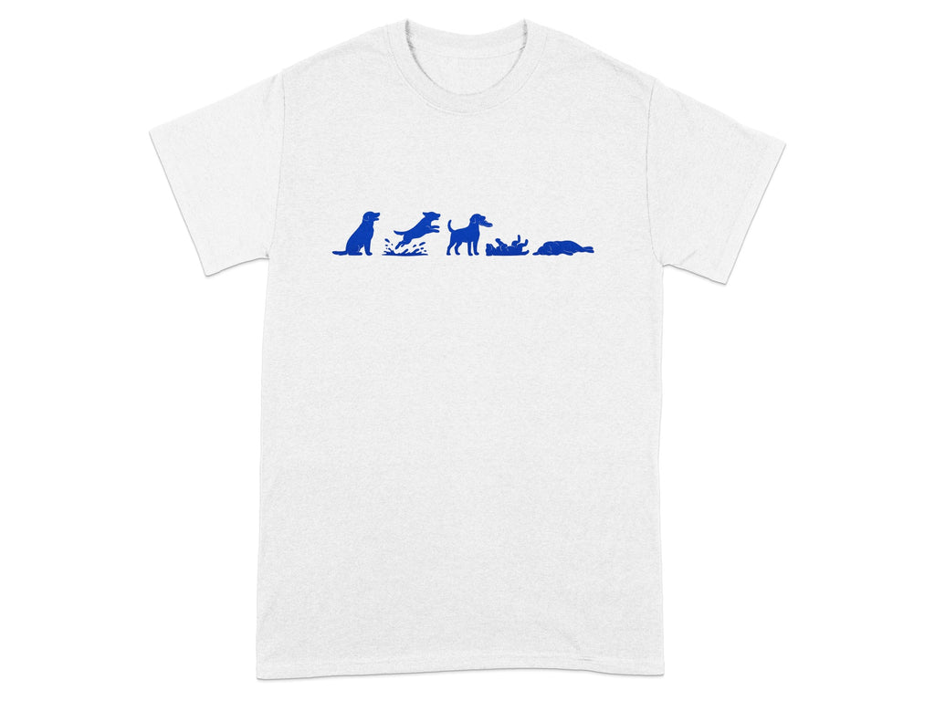Blue dog silhouettes show playing, jumping, rolling, and lying down.