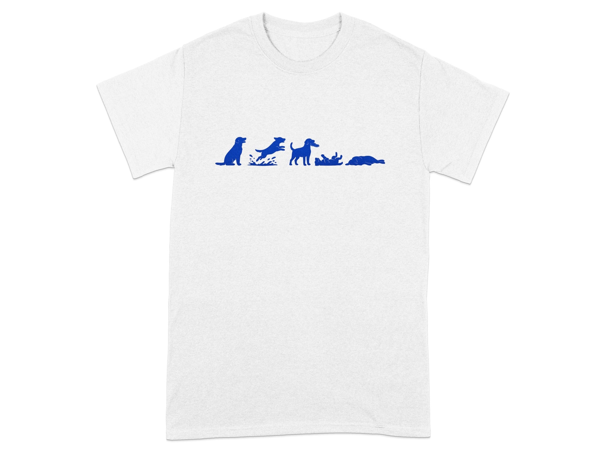 Blue dog silhouettes show playing, jumping, rolling, and lying down.