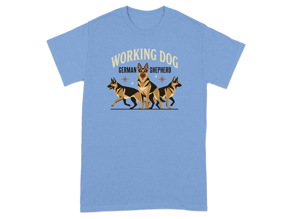 German Shepherd "Working Dog" text and illustration on a light blue t-shirt.