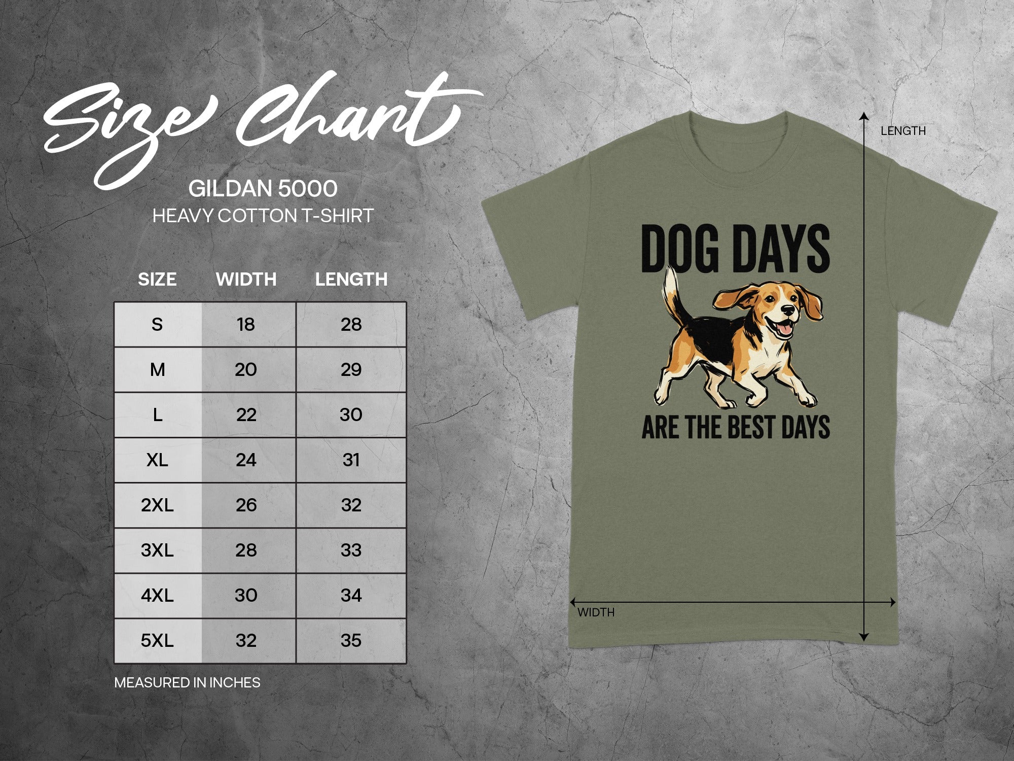 Gildan 5000 size chart for Heavy Cotton T-shirt with dog graphic.