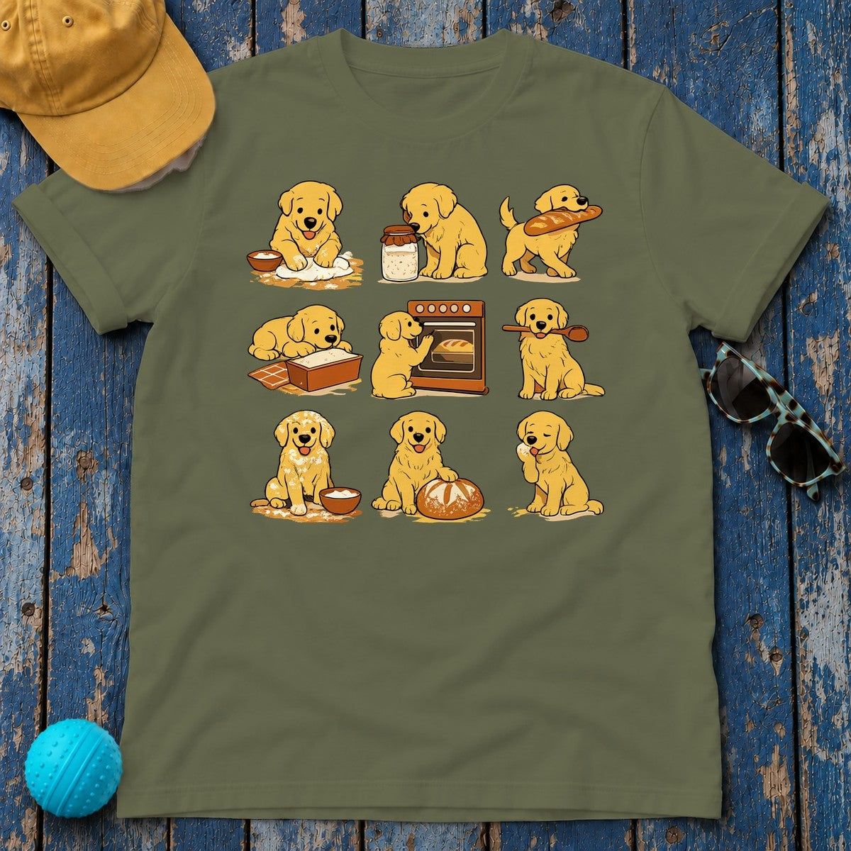 Golden Retriever Bake Off Squad T-Shirt in Military Green