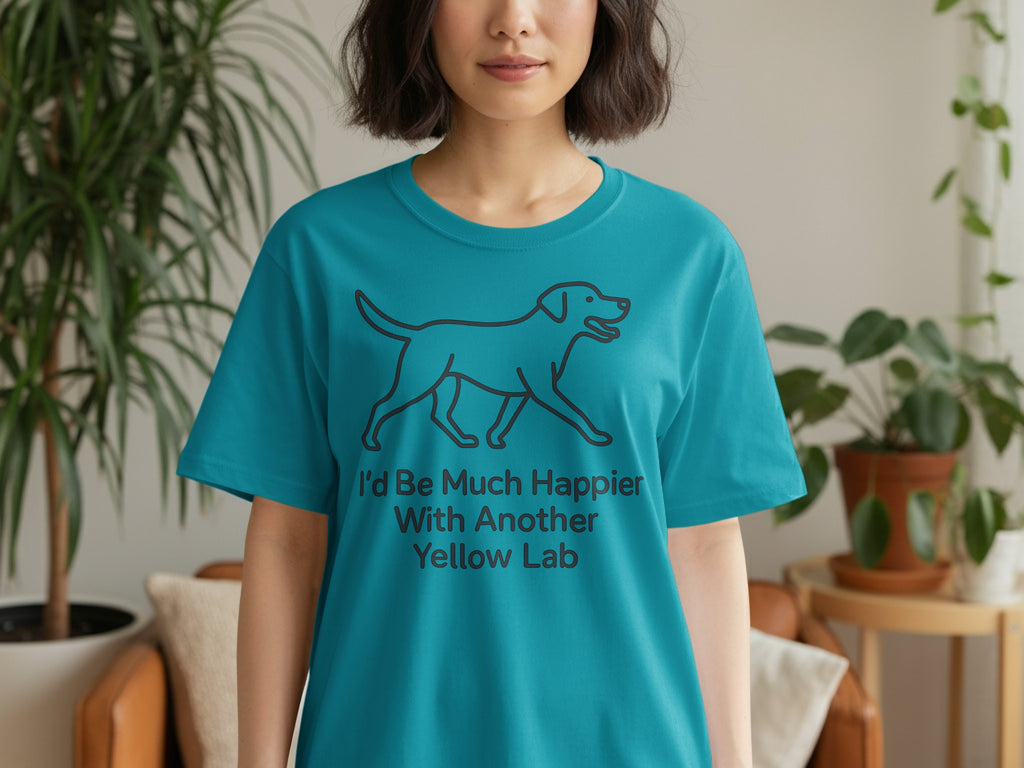 Teal t-shirt with black graphic of a dog and text.