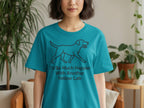 Teal t-shirt with black graphic of a dog and text.
