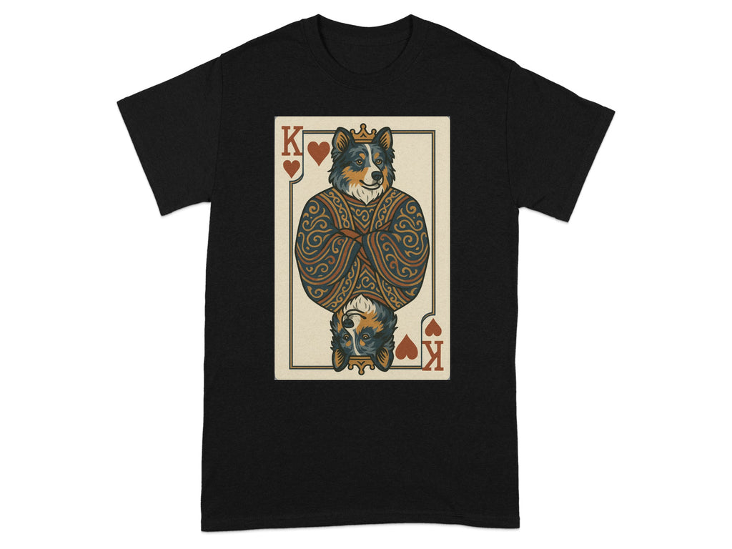 Black t-shirt with King of Hearts card featuring a crowned dog