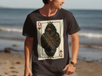 Dark brown t-shirt with Queen of Hearts playing card featuring a dog.