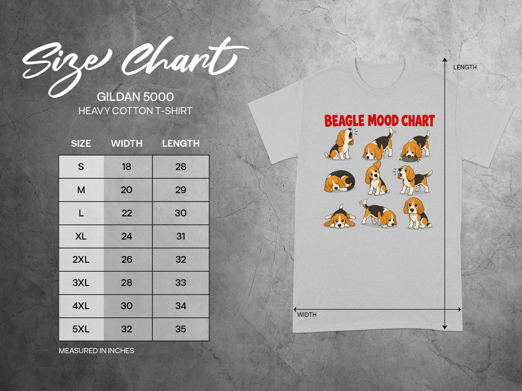 Gildan 5000 Heavy Cotton T-shirt size chart with beagle designs.