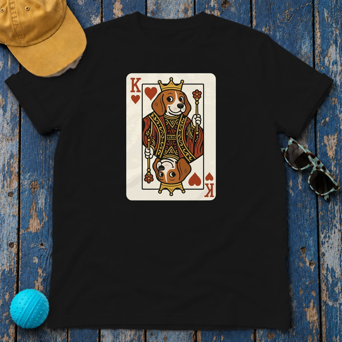 King Of Hearts Cute Beagle Playing Card Funny Deck T-Shirt in Black