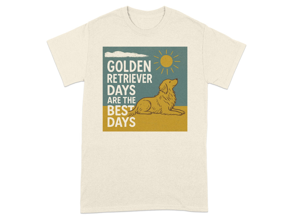 Cream t-shirt with a graphic of a golden retriever under a sun, reading "Golden Retriever Days Are the Best Days".