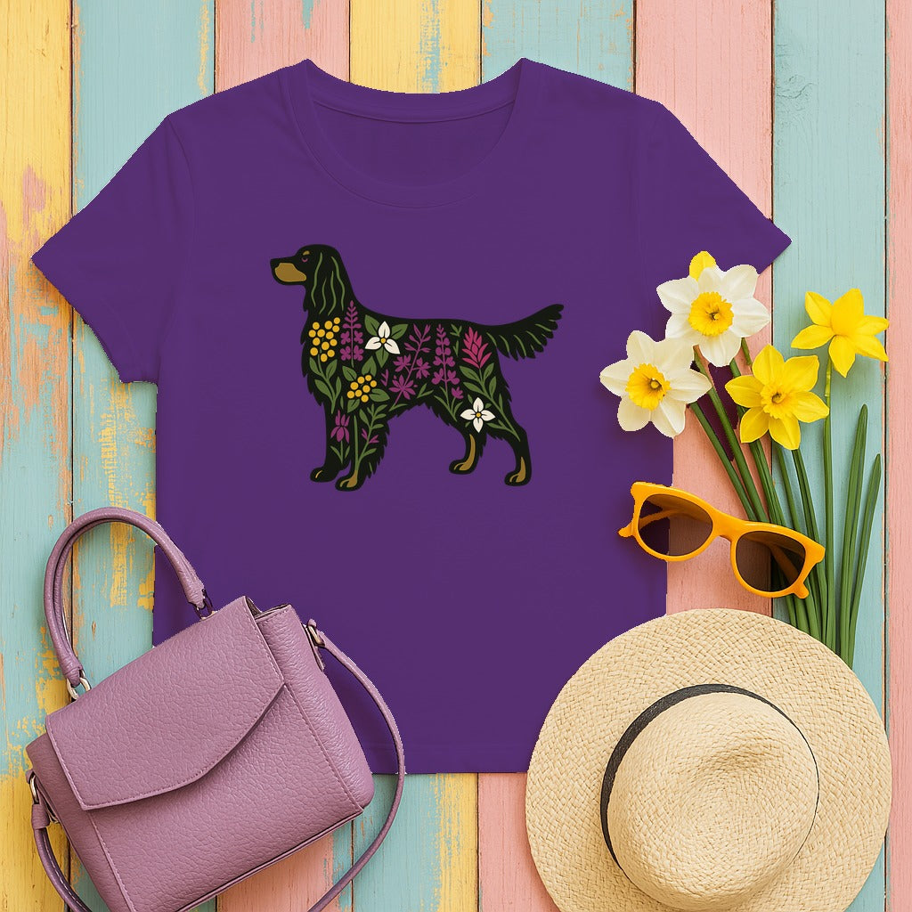 Floral Silhouette of a Black Gordon Setter Elegant Design T-Shirt in Purple