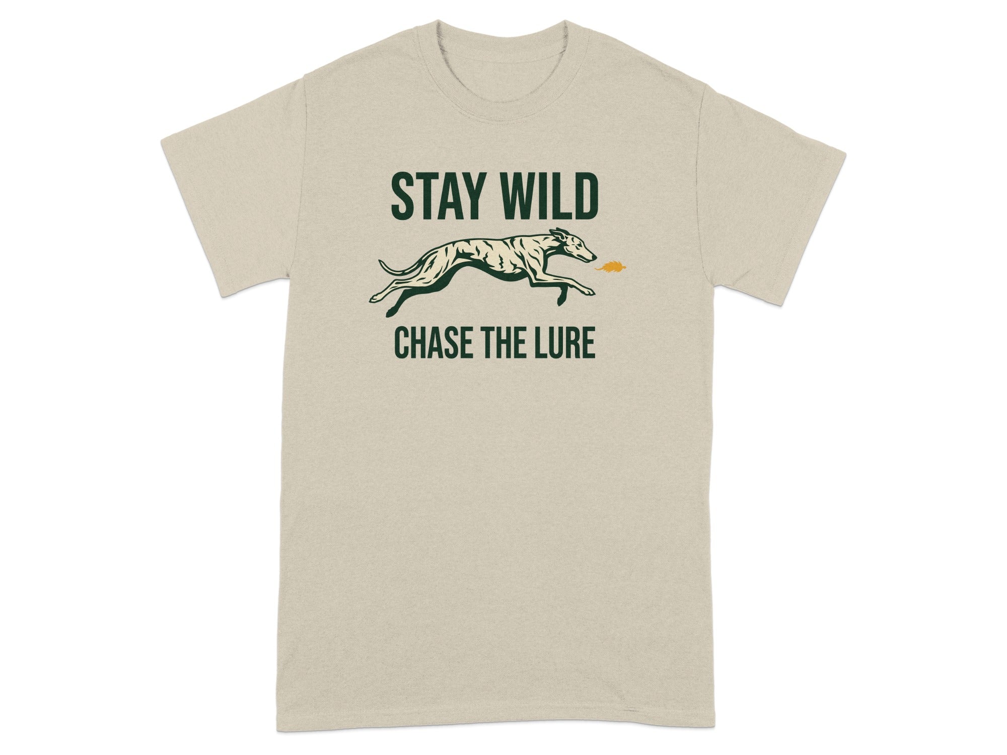 Beige t-shirt with "STAY WILD CHASE THE LURE" and a running greyhound illustration.