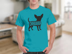 Turquoise t-shirt with black chihuahua silhouette graphic featuring the word "chihuahua" inside.